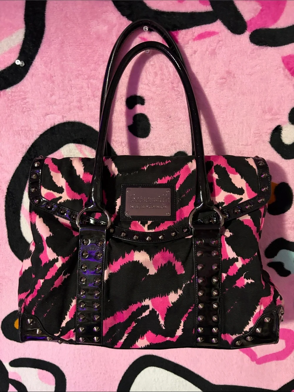 Pink and Black Zebra-Print Studded Shoulder Bag